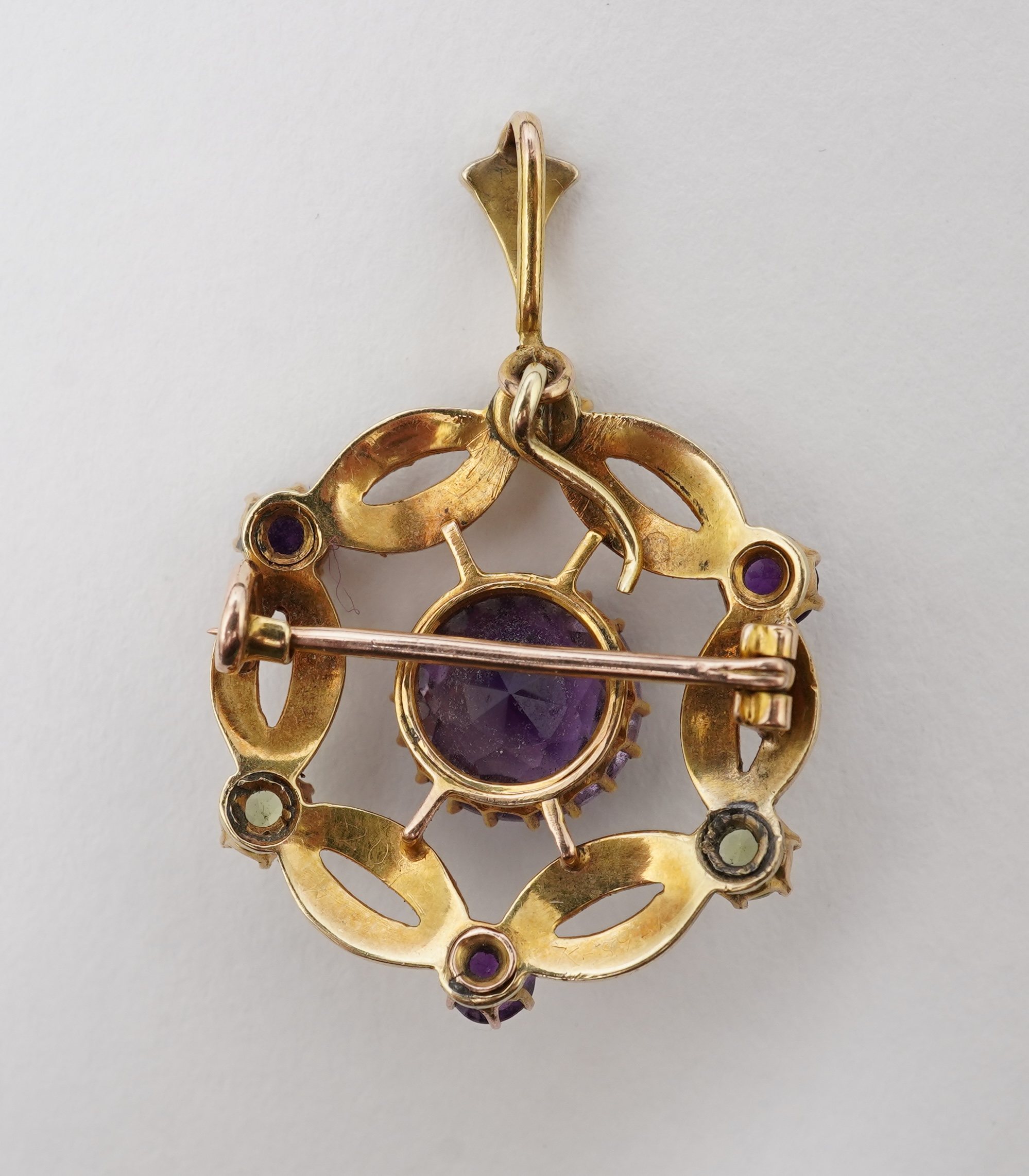 An Edwardian amethyst, chrysoberyl and seed pearl pendant/brooch, early 20th century